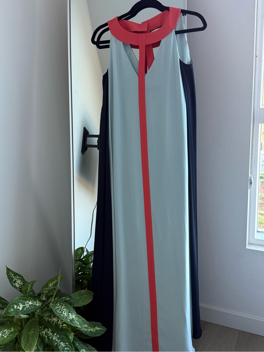 BCBGMaxAzria Light Blue Maxi Dress with Coral Trim and Navy Panels